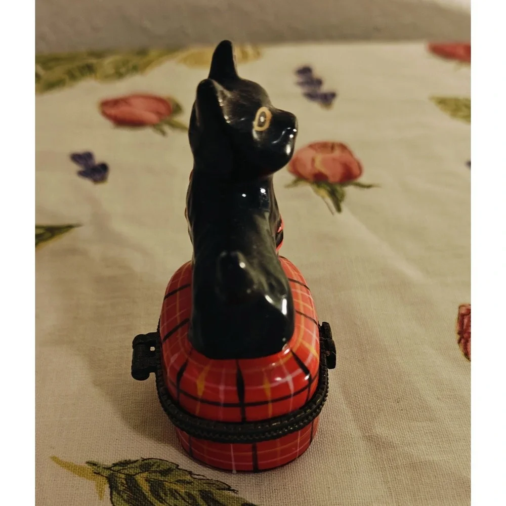Vintage Black Scottie Dog Sitting on Red Tartan Trinket Box